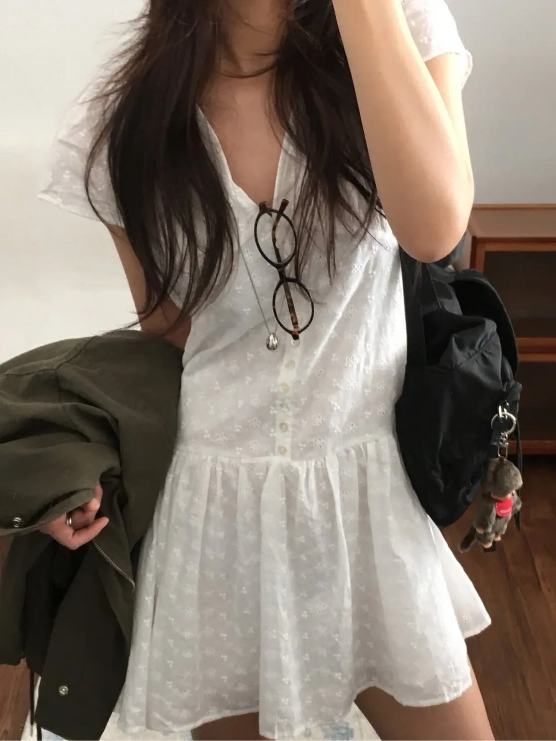 

Sweet Youthful Summer New Style Embroidered Lace Heavy Short Sleeve Dress Floral Collar Single Button Women's Fashion Korean ...