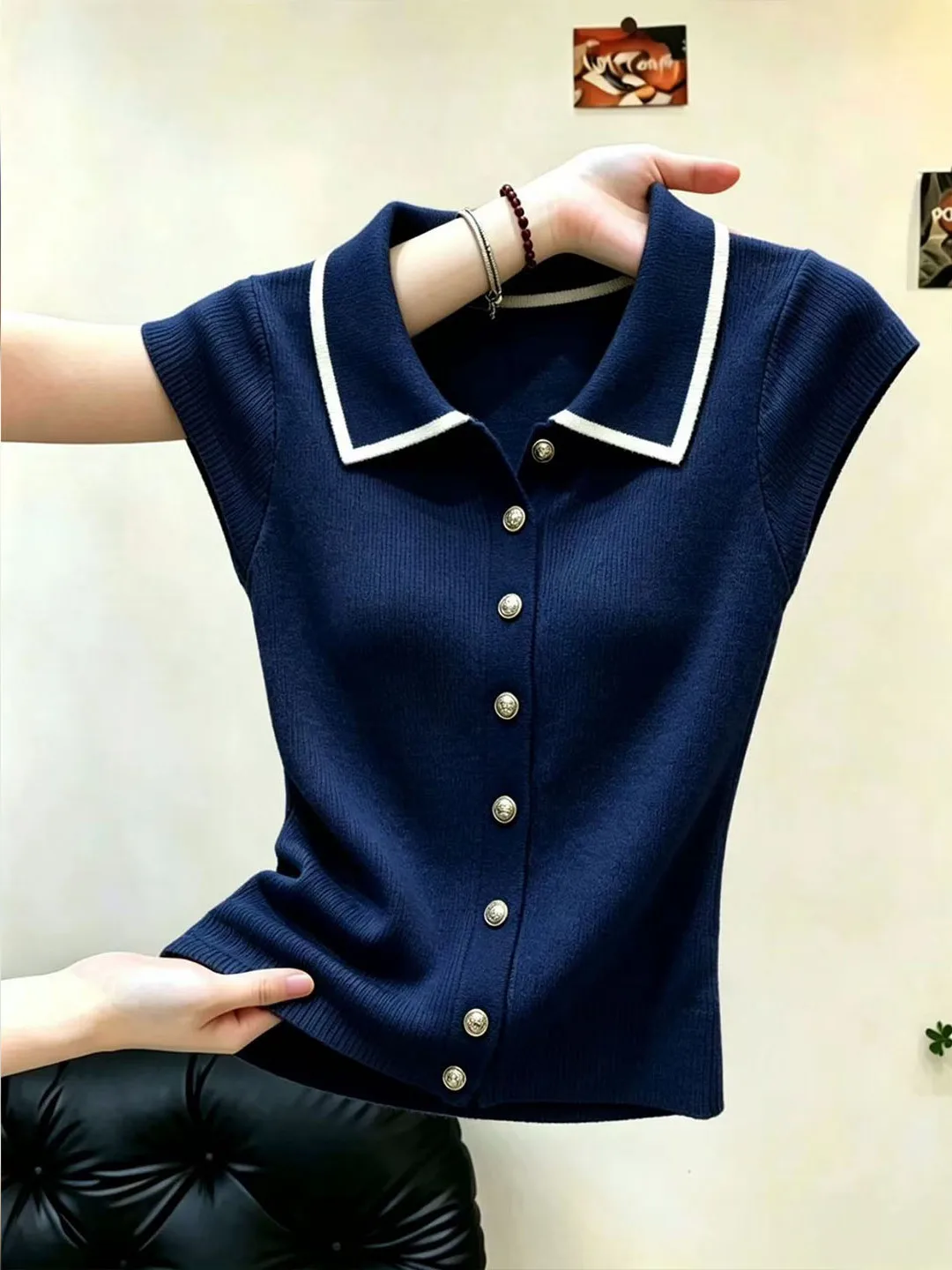

Commuter Style Ice Silk Short Sleeve Knitted Shirt Single Button Flip Collar Skin Friendly Korean Version Summer Top