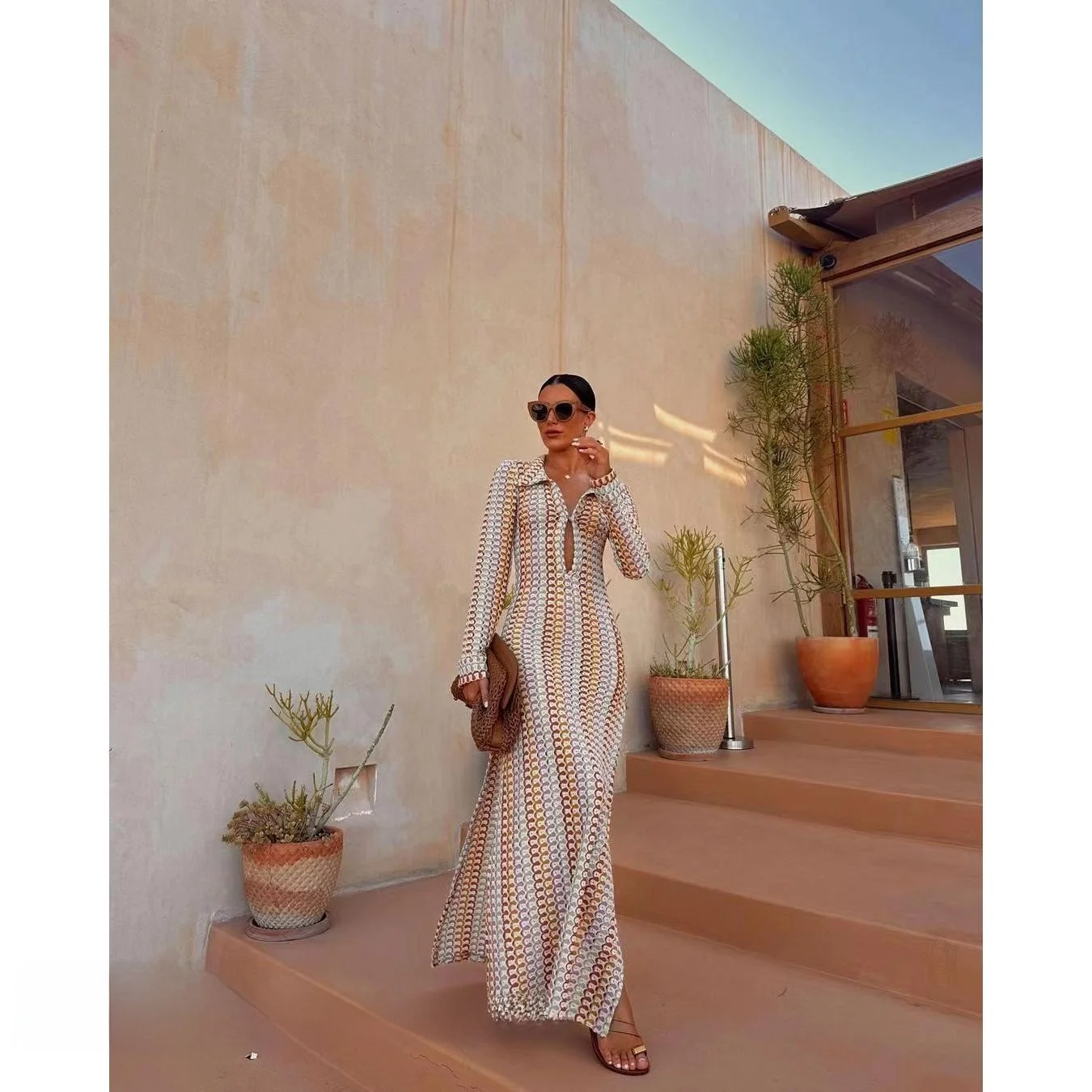 Handgemachter aushöhlen Sexy Low Cut V Ne Split Dr Long Sve a Line Rock Pendeln Sle High Waist Damen Faion Dr