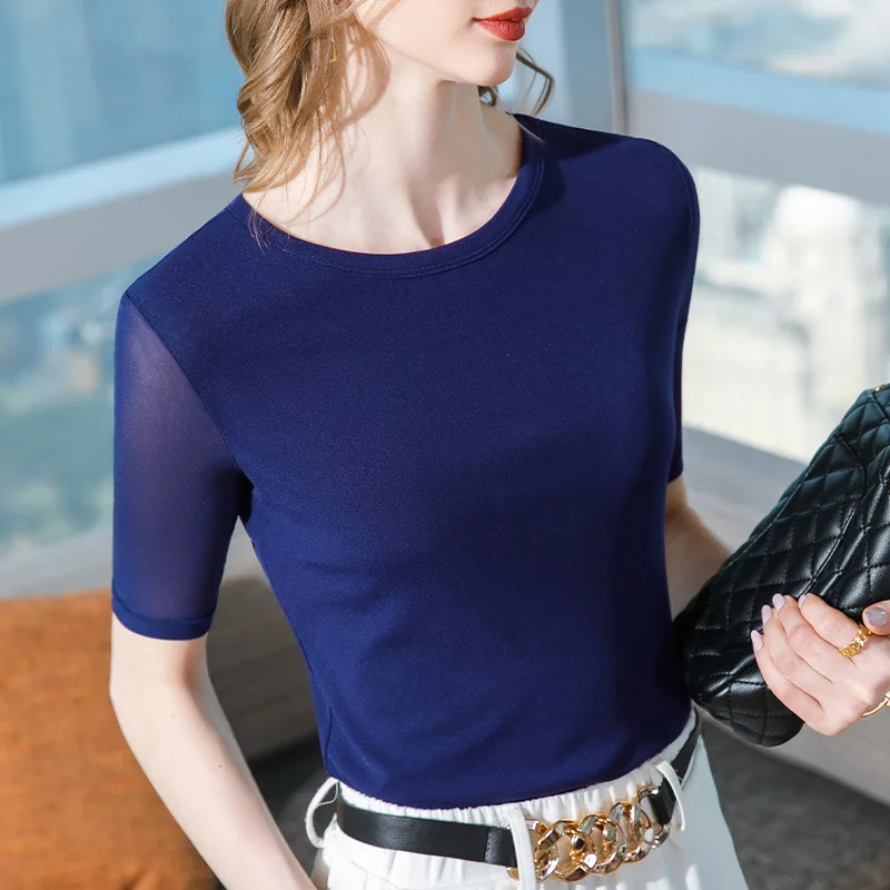 Mid-sleeve Women's T-shirt Solid Color Round Neck Mesh Layer Girl Stretchy Five-minute Ladies Shirt Sleeves Slim Fit Flattering