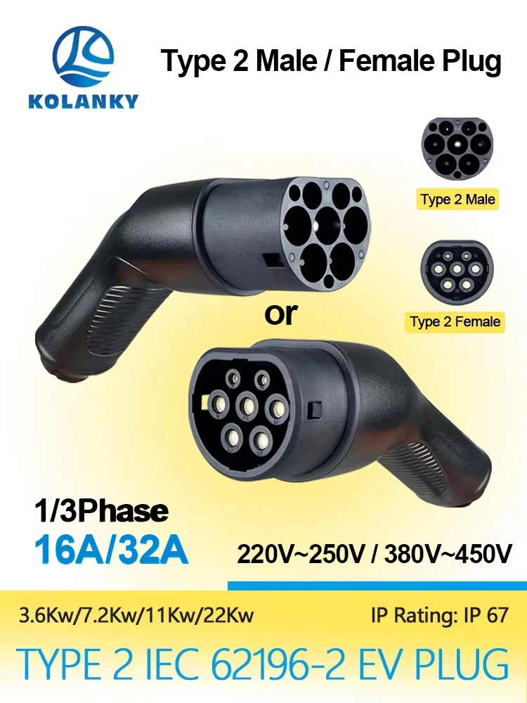 16/32A 3.6/7.2/11/22KW Type 2 EV Charger Plug Adapter IEC 62169 Mannelijke/Vrouwelijke Voor Laadstation En Elektrische Voertuig Connector - afbeelding 2