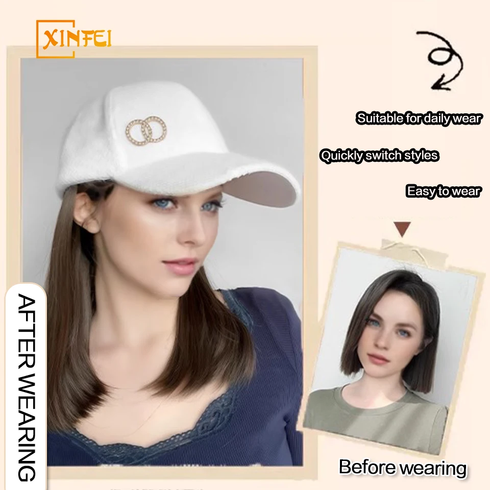 Synthetic Hats And Wigs Women's Plush Rhinestone Baseball Caps In Autumn And Winter Fluffy Fashion Straight Hair Buckle Wig Hats