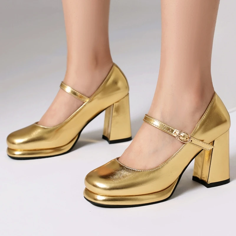 Platform Block High Heels Women's Pumps Mary Jane Shoes Luxury Square toe Gold Silver Heeled Wedding Party Office Shoes Lady