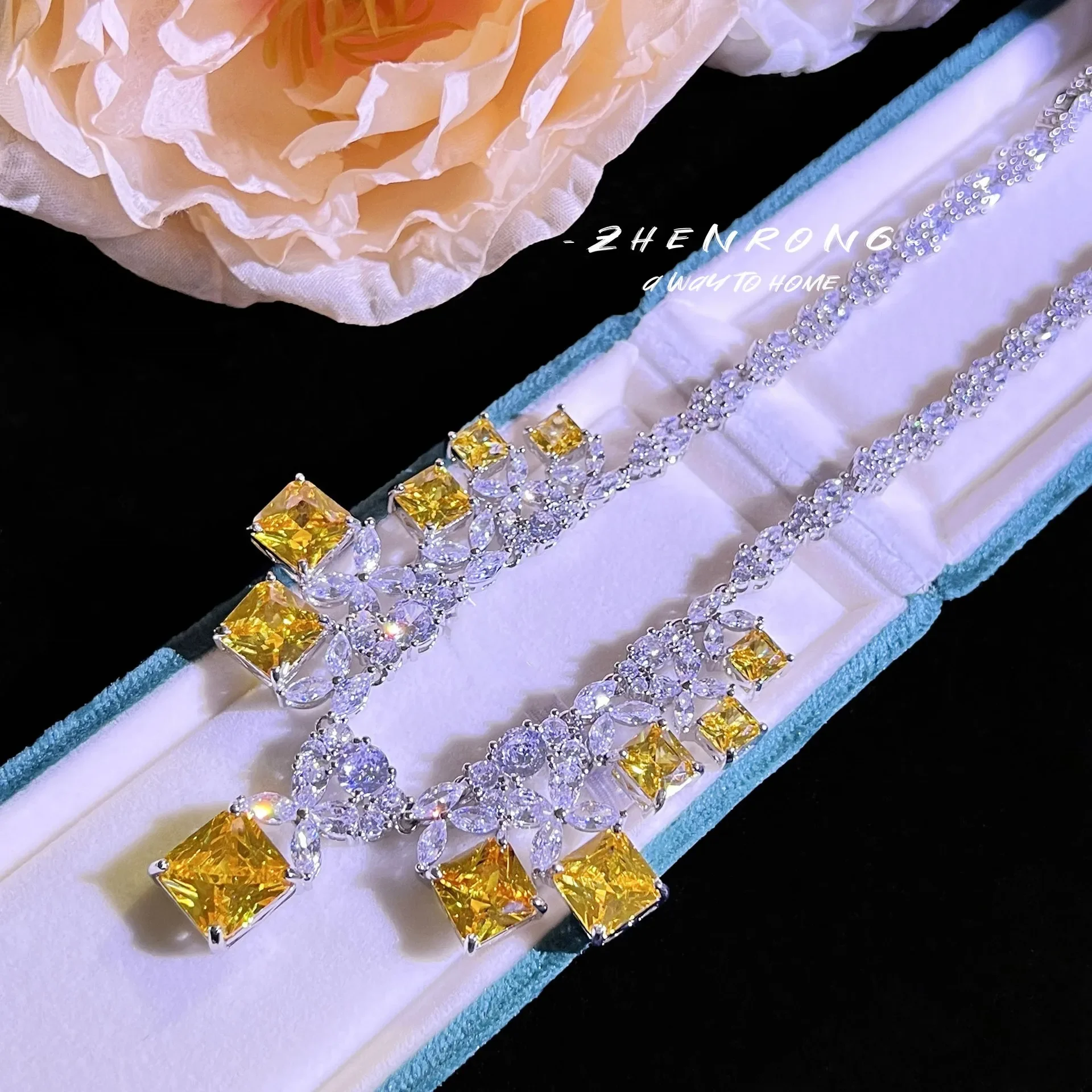 S925 Sterling Silber Halskette Luxus Diamant Abendhalskette Set Kette für Damen – Detail 2