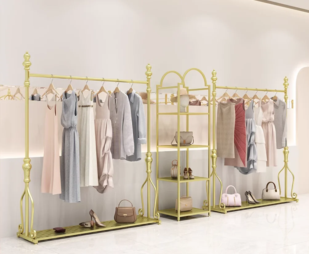 

Women's clothing store hanging clothes rack, thickened clothing floor rack, golden hanging clothes display rack