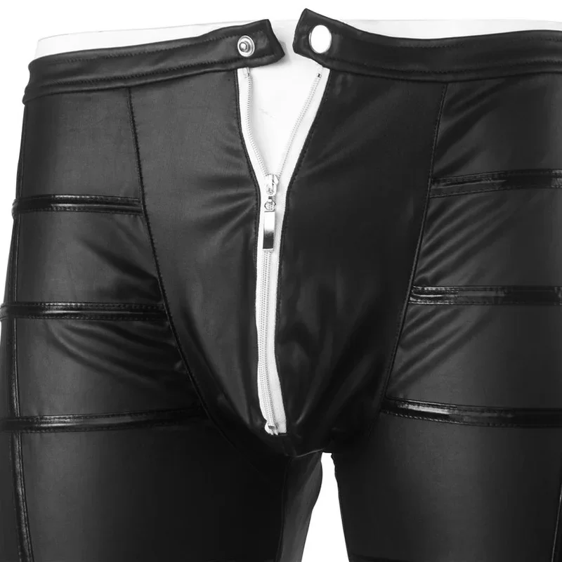 Men Wetlook Black PU Leather Pant Patchwork Open Front Zipper Design Moto Jeans Clubwear Trousers Nightclub Pants Shiny Trousers