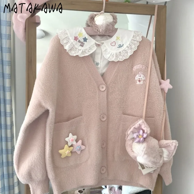 Matakawa Kawaii Embroidered Cartoon Women Sweaters Japanese Style V Neck Sweet Cardigans Fashion Autumn Winter Sueter Mujer