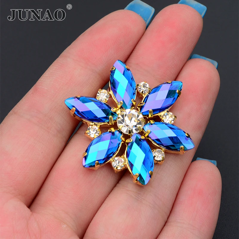 JUNAO 1pc 36mm cucire su rosa AB fiore di vetro Strass artiglio d\'oro Applique di cristallo Flatback Strass pietre da cucire per abiti artigianali