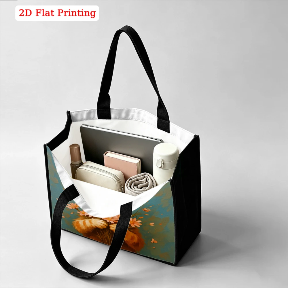 Smiling Orange Kitten Holding Daisy Bouquet Print Large Tote Bag, Fresh Warm Painting Aesthetic Handbag for Cat Lovers Daily Use