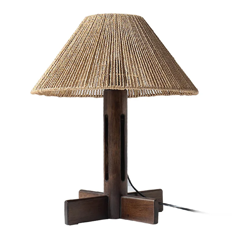 Wabi Sandy wind solid wood desk lamp, rattan hemp rope bed and breakfast bedroom bedside lamp
