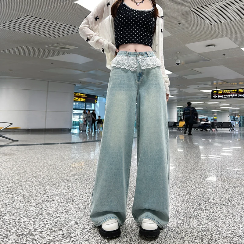 

New Loose Straight Leg Popular Casual Denim Pants for Women 2025 Autumn Fashion Trendy Floral Lace Edge Wide Leg Trousers