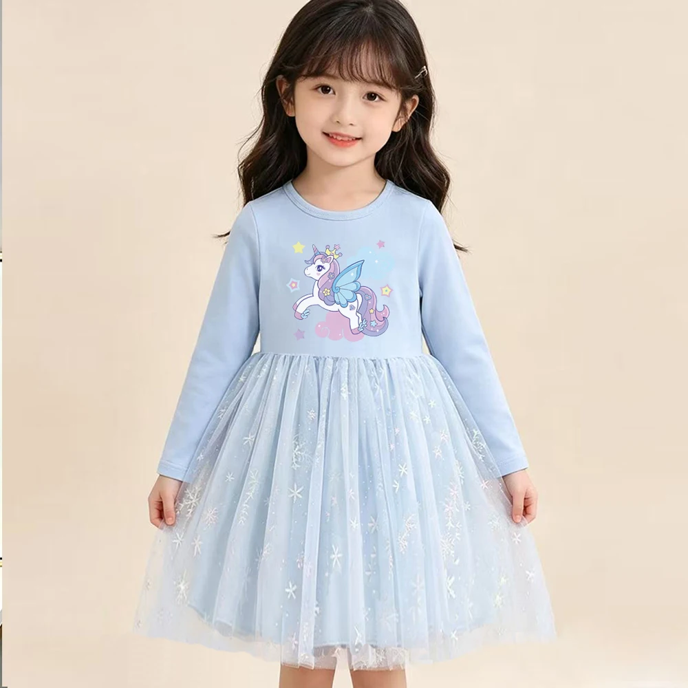 Mädchen Neues Langarm-Mesh-Kleid mit Cartoon-Einhorn-Motiv Kinder Frühling Herbst Langarm-Prinzessinnenkleid Kinder Geburtstagsparty-Kleidung – Detail 5