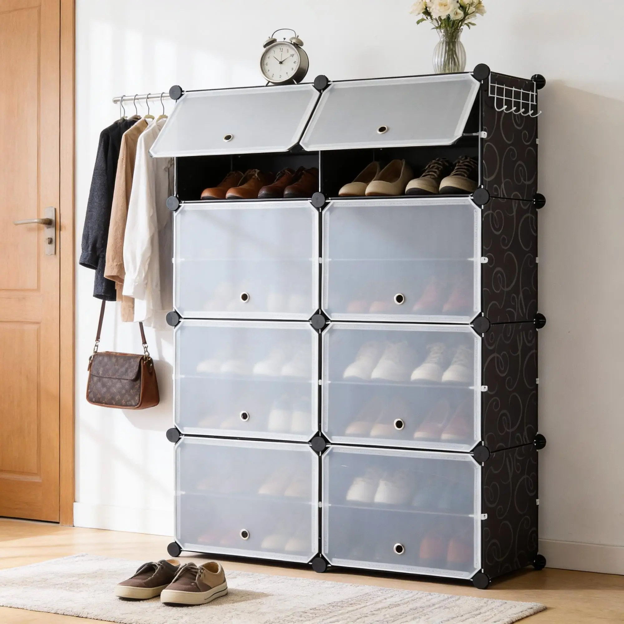 Large Capacity Shoe Cabinet Storage Organizer 8 Tier Shoe Rack Space Saving Furniture Plastic Shelves with Side Hooks Closet Wardrobe Entryway Organizer for 24 32 Pairs Dorm Apartment Home