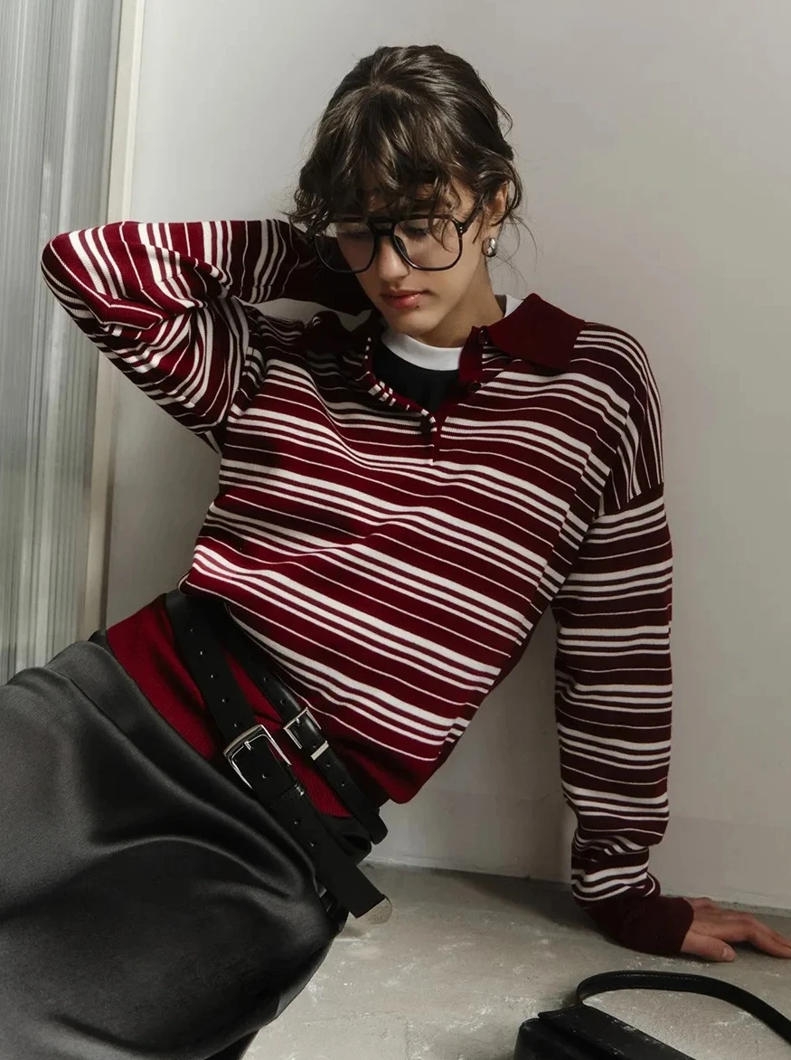 

Women's Vintage Contrast Striped Knitted Polo Collar Long Sleeve T-Shirt Fashion Casual Trend Top