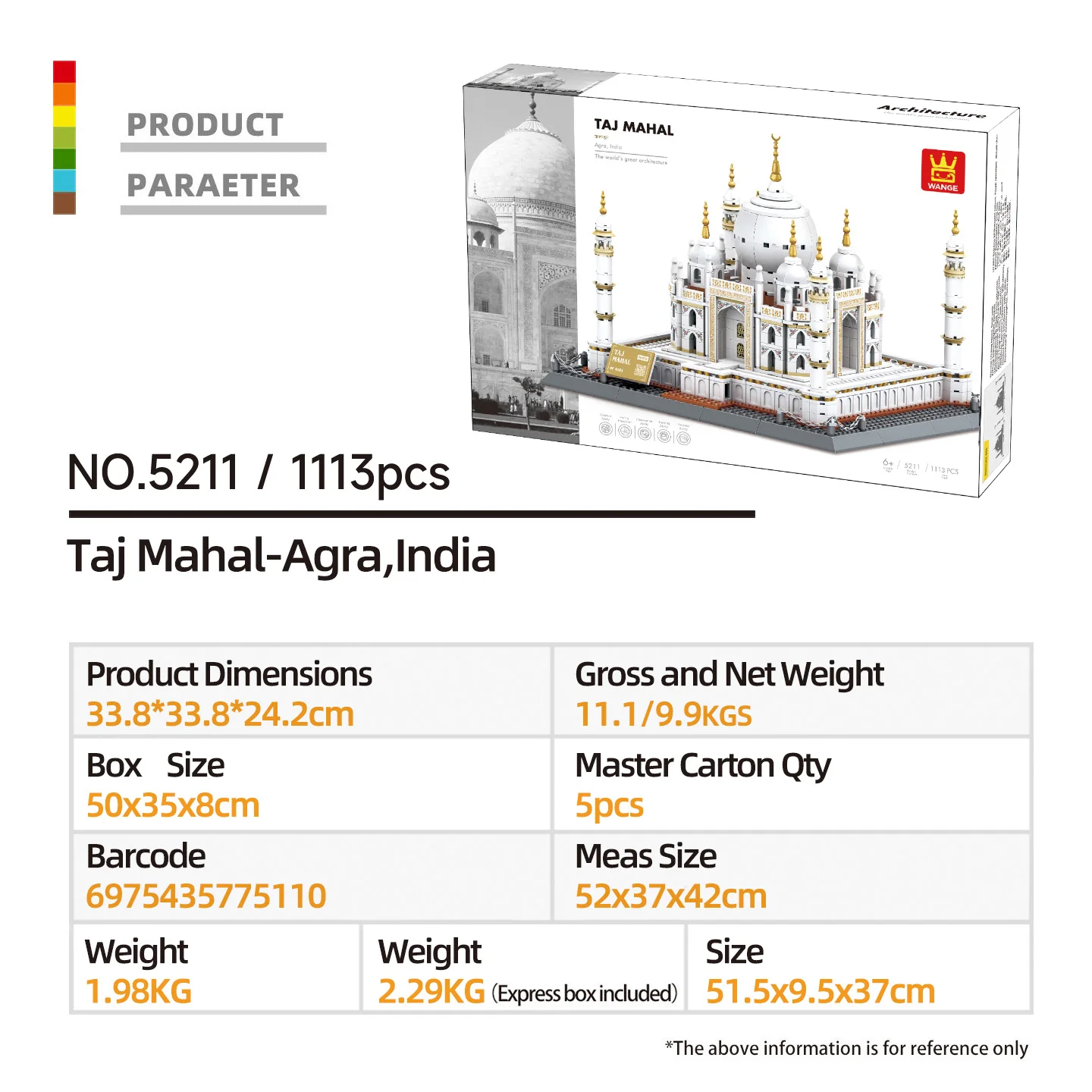 Wange 5211 Taj Mahal Agra India Building Blocks 1113PCS World‑Famous Landmark Model Holiday Gift Home Interior Decor Bricks Set
