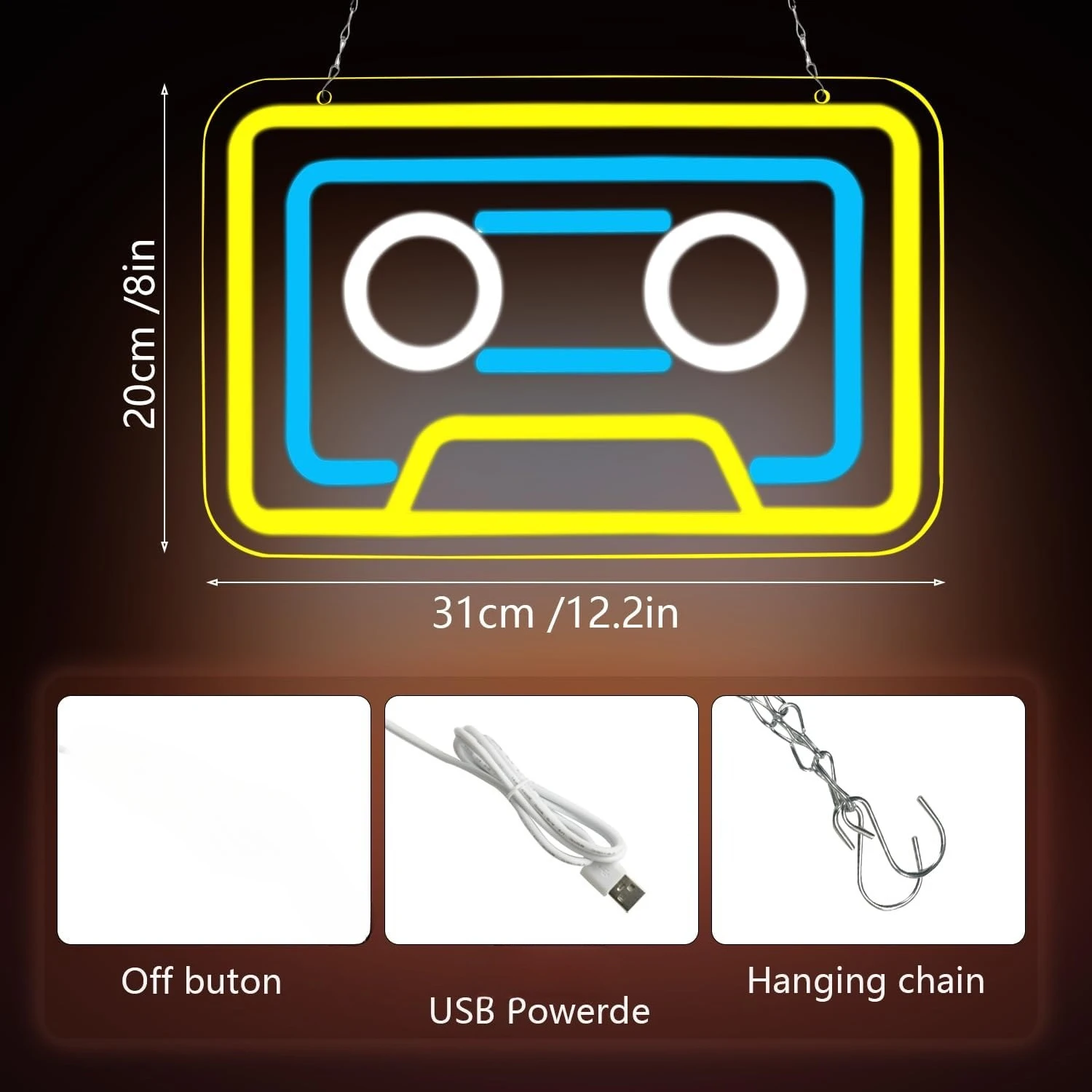 เทปคาสเซ็ตเพลงป้ายนีออน USB หรี่แสงได้ LED Neon Light สําหรับห้องเล่นเกมห้องนอน Retro Music Studio Bar ตกแต่งของขวัญ