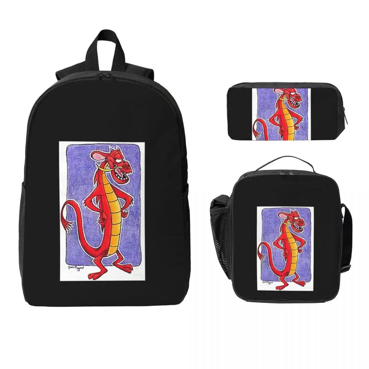 

Рюкзак Mushu From Mulan, студенческая сумка для книг для мальчиков и девочек, школьная сумка, компьютерные сумки на плечо, 3 шт., изолированная сумка для обеда, пенал