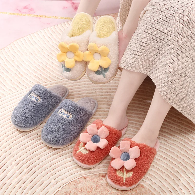 

Flower Slipper Womens Fluffy Winter Warm Home Kawaii Cartoon Soft Sole Plush Contton Indoor Cute Fuzzy House Floor Shoes Female
