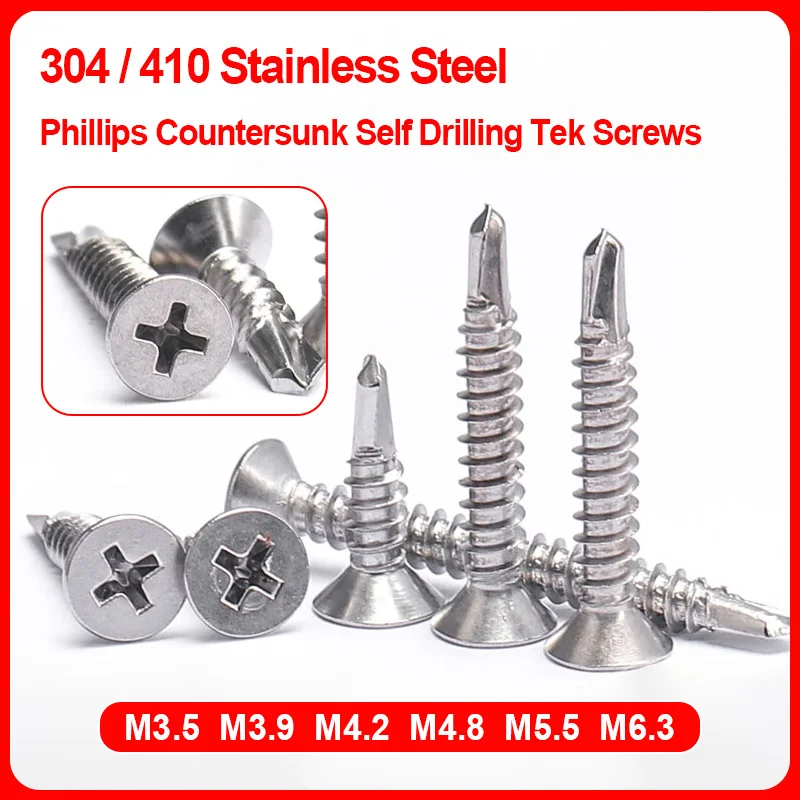 304 410 Stainless Phillips Countersunk Self Drilling Tek Dovetail Screws M3.5 M3.9 M4.2 M4.8 M5.5 M6.3 For Metal Construction