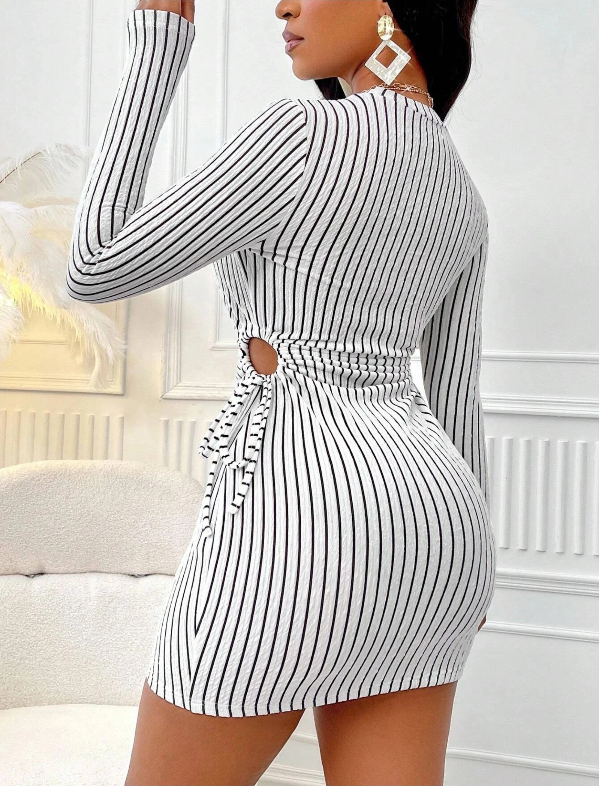 Women's Striped Knit Long Sleeve Dress, Waist Cut Out Tie Design, Slim Fit Elegant Fall & Winter Fashion