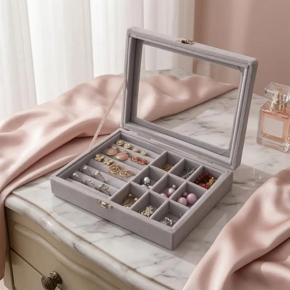 Scratch-proof Jewelry Holder Jewelry Storage Box with Transparent Flip Cover Velvet Lining Dustproof Organizer Flannel Mini