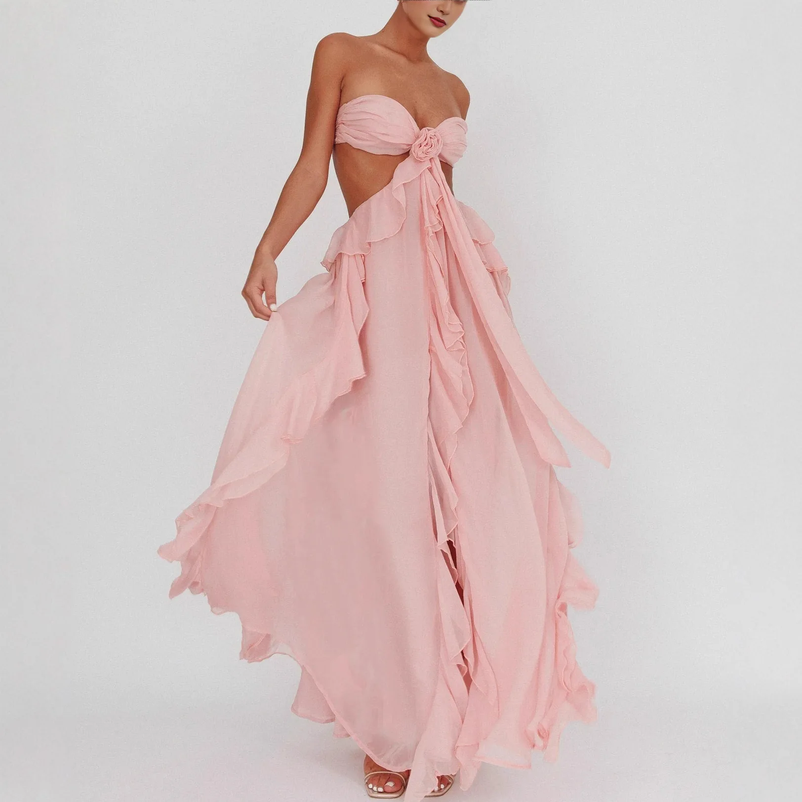 Sexy Backless Chiffon Tie Ruffled Maxi Dress, Sheer Women's Dresses, Bodycon Jumpsuit Playsuit view 3