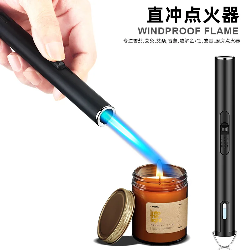 Long Convenient Straight Blue Flame Flame Gun Windproof Inflatable Lighter Luminous Belt Hook Factory Wholesale - Detail 1