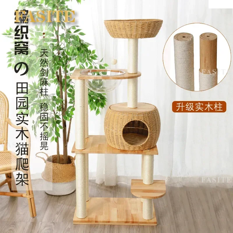 For Solid Wood Cat Tree Space Capsule Climbing Frame Large Cat Shelf with Scratch Post Durable Anti-Scratch Toy Furniture