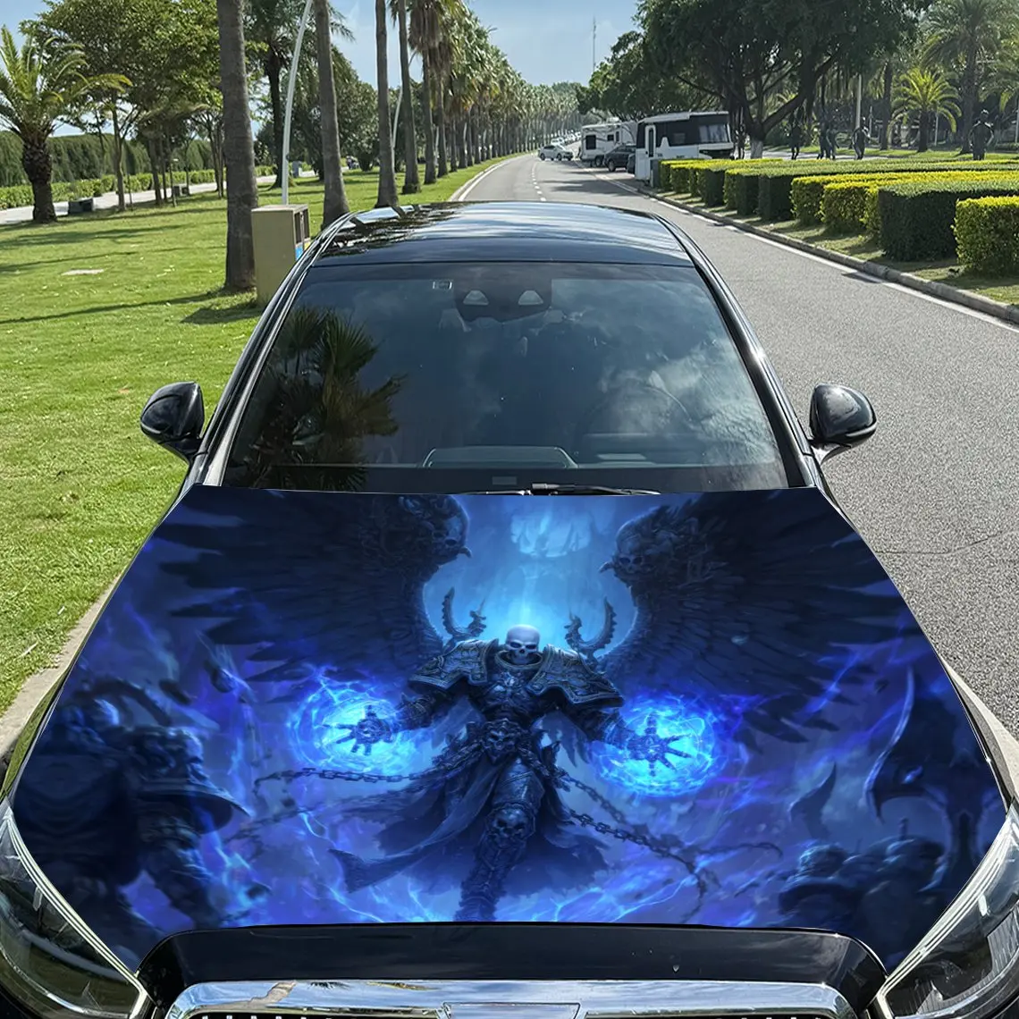 

Cool Holy Image with Electric Blue Wings Car Vinyl Wrap, PVC Material Waterproof Car Hood Sticker, Self-Adhesive Scratch-Resista