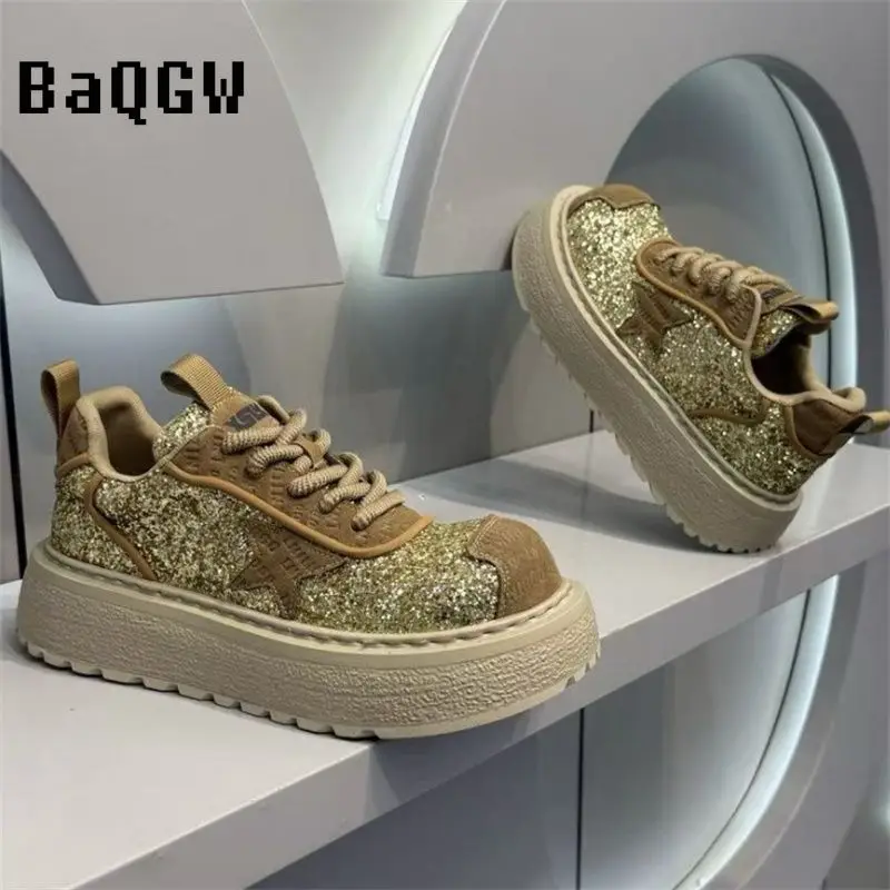 

2026 Spring Sparkling Glitter Platform Sneakers Star Decorated Chunky Lace-Up Casual Shoes for Party & Daily Wear