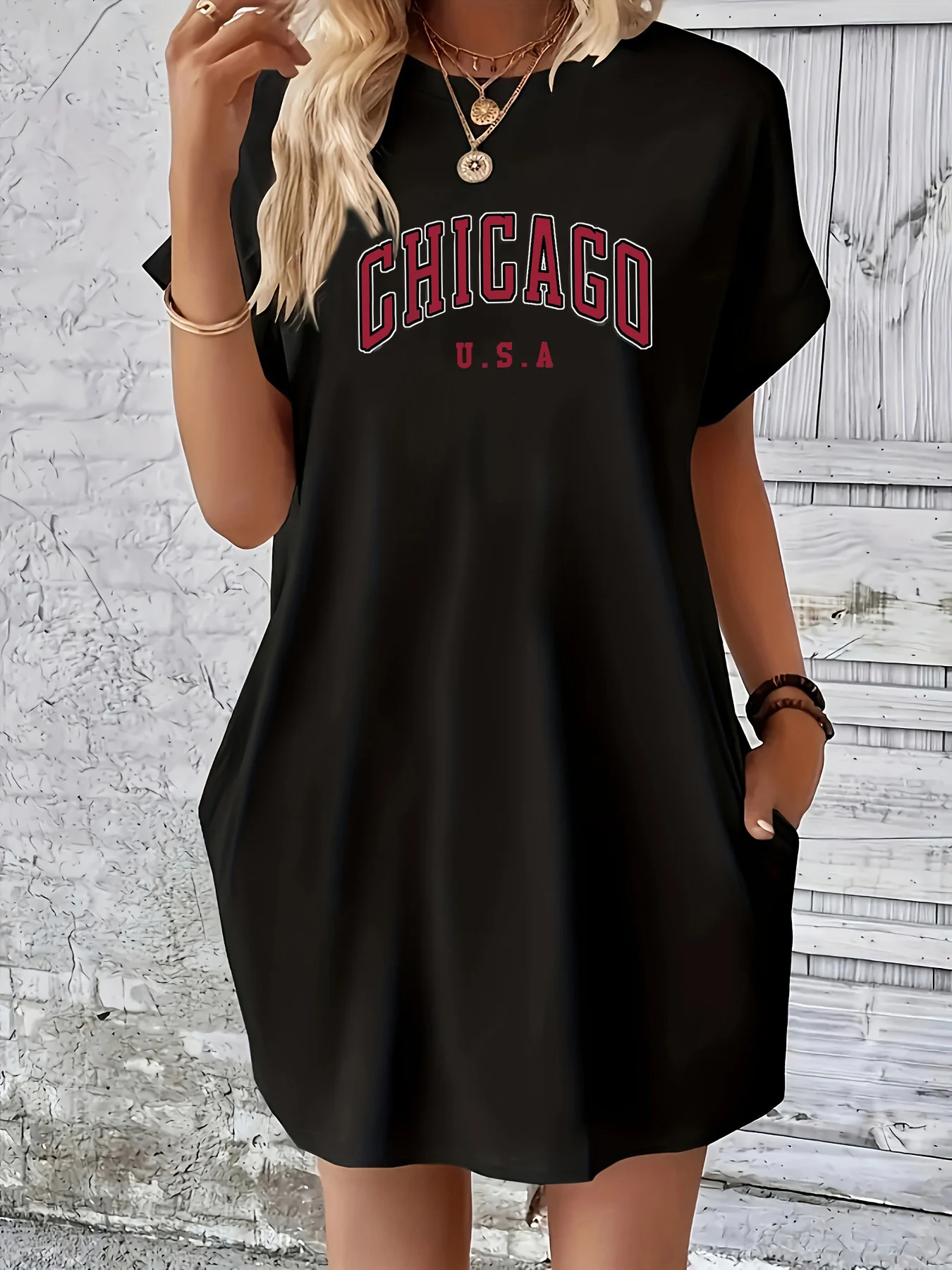 Women's summer loose CHICAGO USA letter pattern printed round neck short sleeved pocket comfortable casual plus size dress