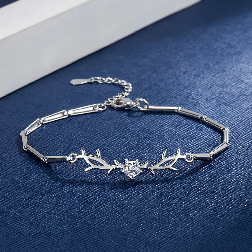925 Sterling Silver Stylish Cute Antlers Five-Claw Zircon Bracelet Birthday Party Anniversary Gift