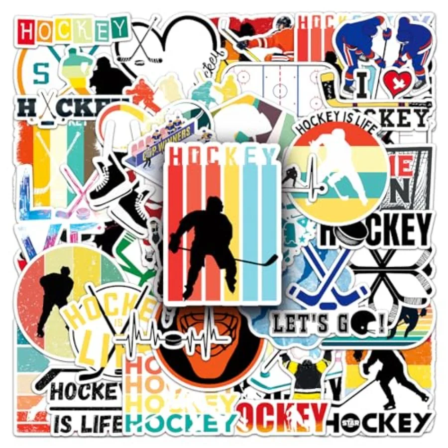 

50 Pcs Hockey Stickers for Water Bottle, Ice Hockey Vinyl Laptops Decorative Decals for Luggage Journal Guitar Skateboard, Cart