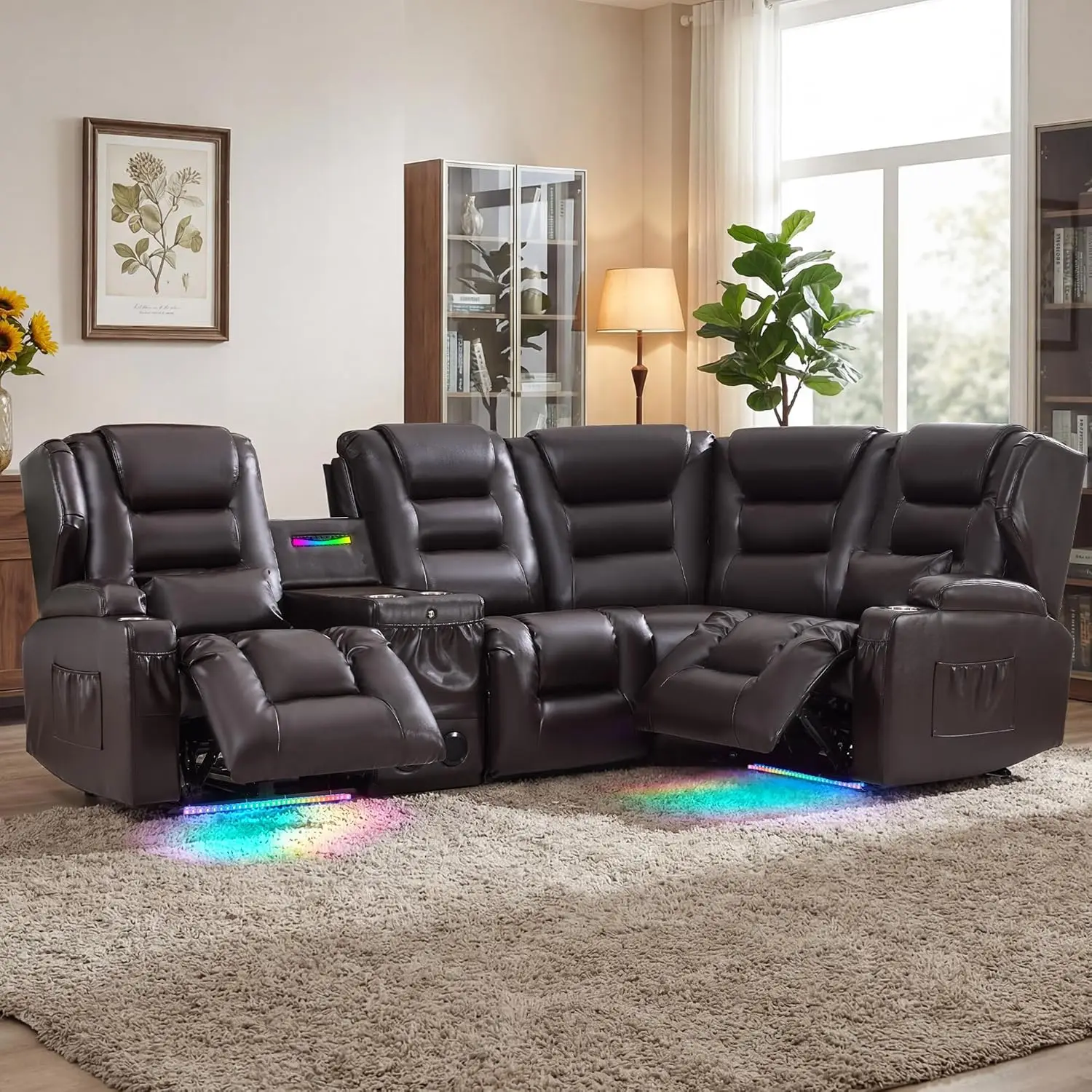 

Power Reclining Sectional Sofa Set, Faux Leather 4 Seats Corner Sectional Couches with Console, Electric 4 Person Reclinable
