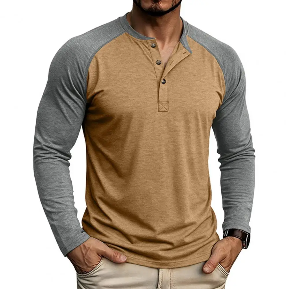 Men Raglan Shirt, Color Block Long Sleeve T-Shirt, Button Neck Vintage Basic Tee Top for Gym Street Daily Wear Gift for Men