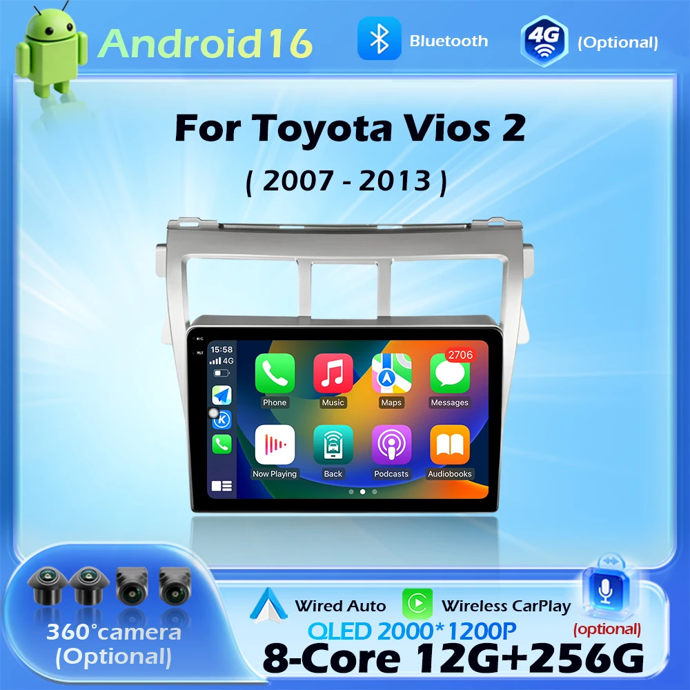 

9 inch QLED Screen For Toyota Vios 2 2007 - 2013 Android 16 Auto Car Radio Multimedia Video Player BT GPS Navigation 4G WIFI DSP