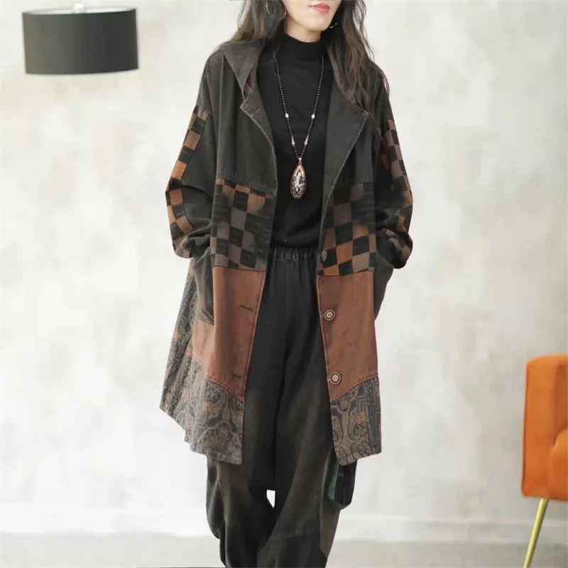 

Long Denim Trench Coat For Women Coat 2025 Autumn Hooded Retro Splicing Oversized Denim Windbreaker Middle aged Female Overcoat