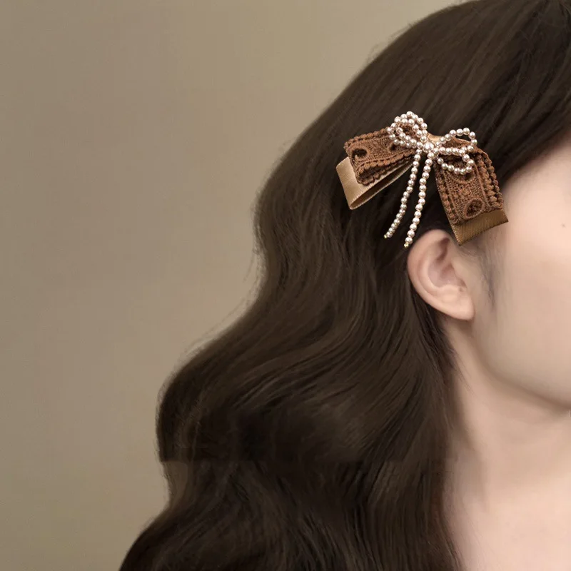 Delicate Lace Hair Clip with Pearl Accent Bow Duckbill Design 2025 New Elegant Fringe Clip for Women Romantic Style