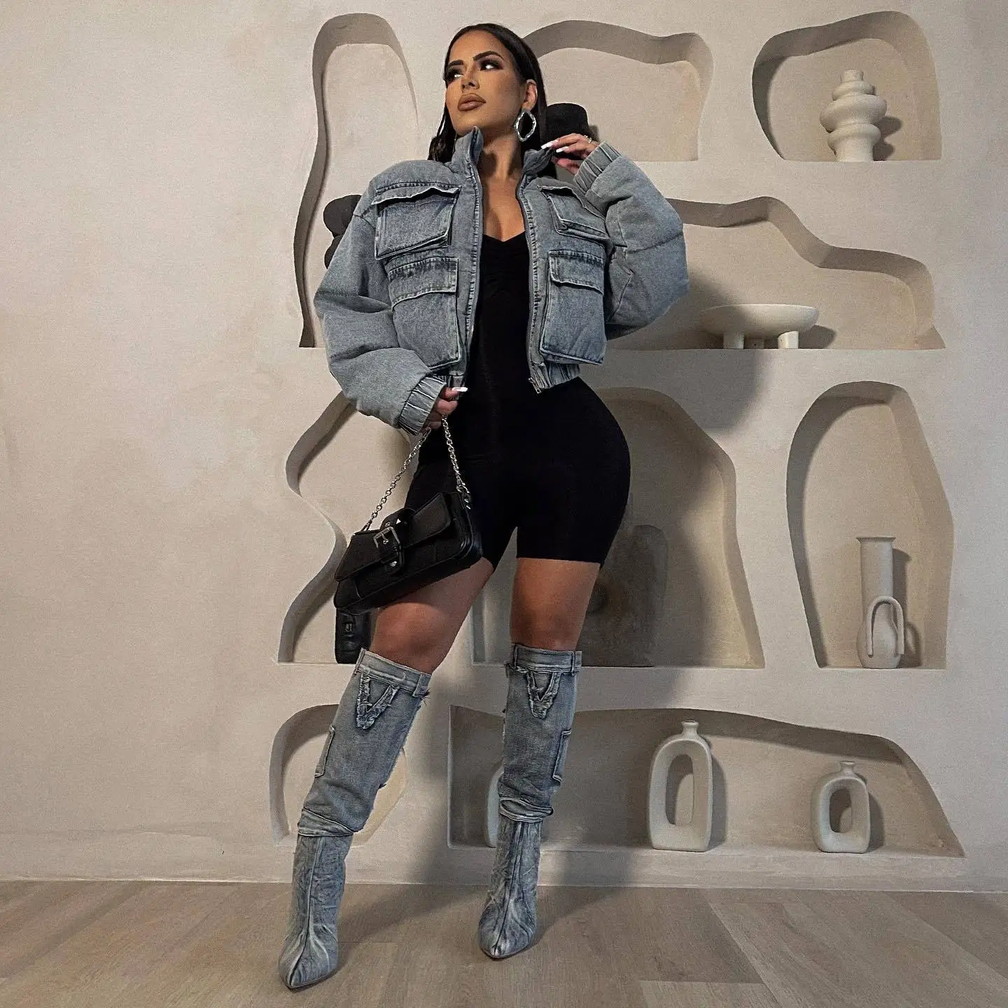 Women Jacket Winter Fashion Multi-Pocket Long Sleeve Puffer Denim Jackets Autumn Casual Thicken Crop Bubble Jeans Jacket Coat