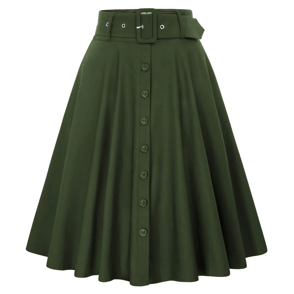 Belle Poque Women's Stretch High Waist A-Line Flared Midi Skirts with Pockets & Belts Solid Color Buttons Decorated Knee Length