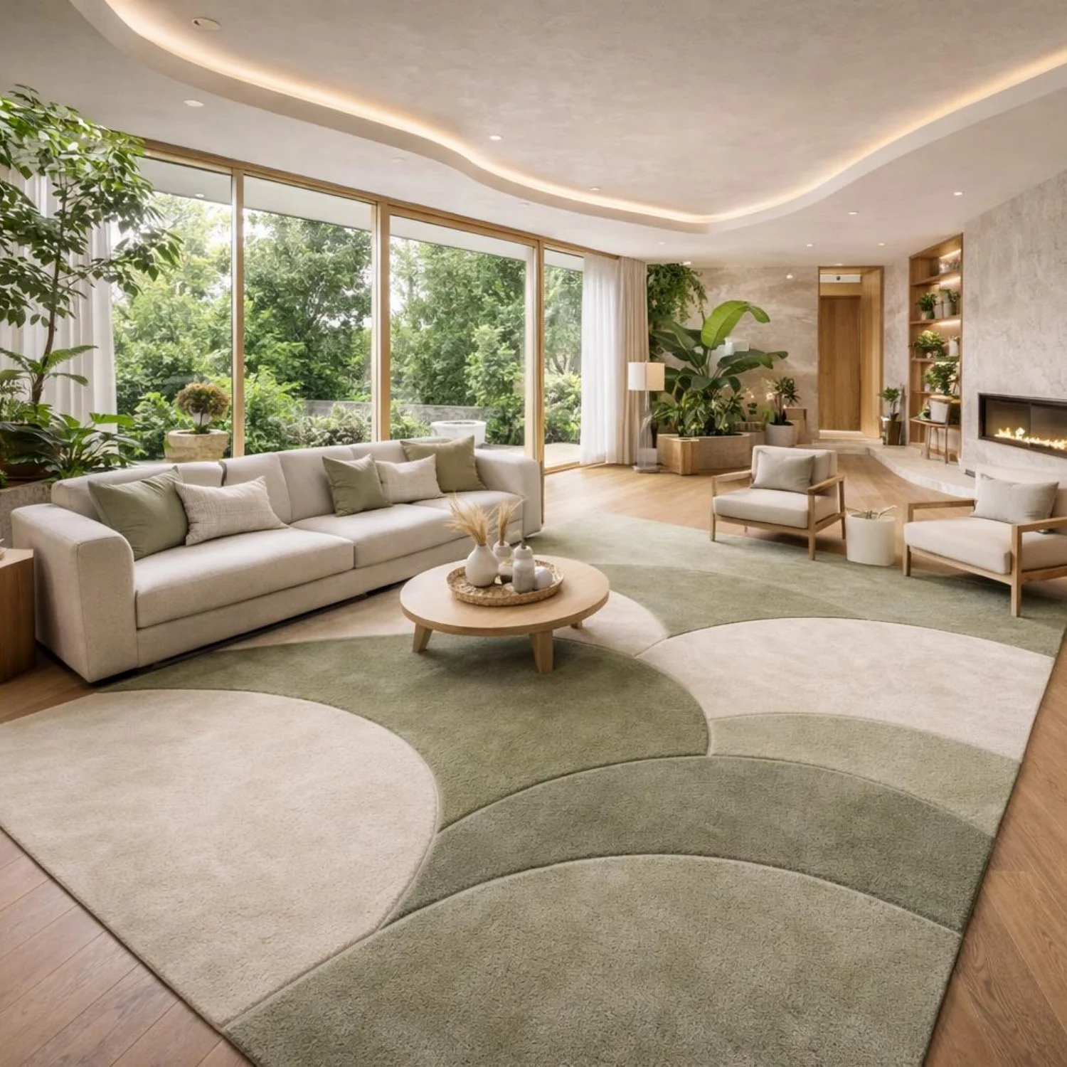 Room Decor Rug  Abstract Sage Green  Ivory Biophilic Rug, Modern Topographic H1and Tufted Wool Area Rug