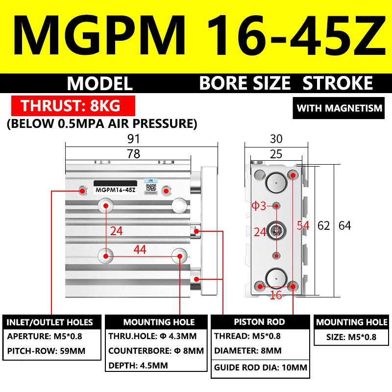 

ABILKEEN MGPM Series Pneumatic Compact Guide Cylinder MGPM16-45Z 16MM Bore X 45MM Stroke Thin Three Axis Three Rod Air Cylinder