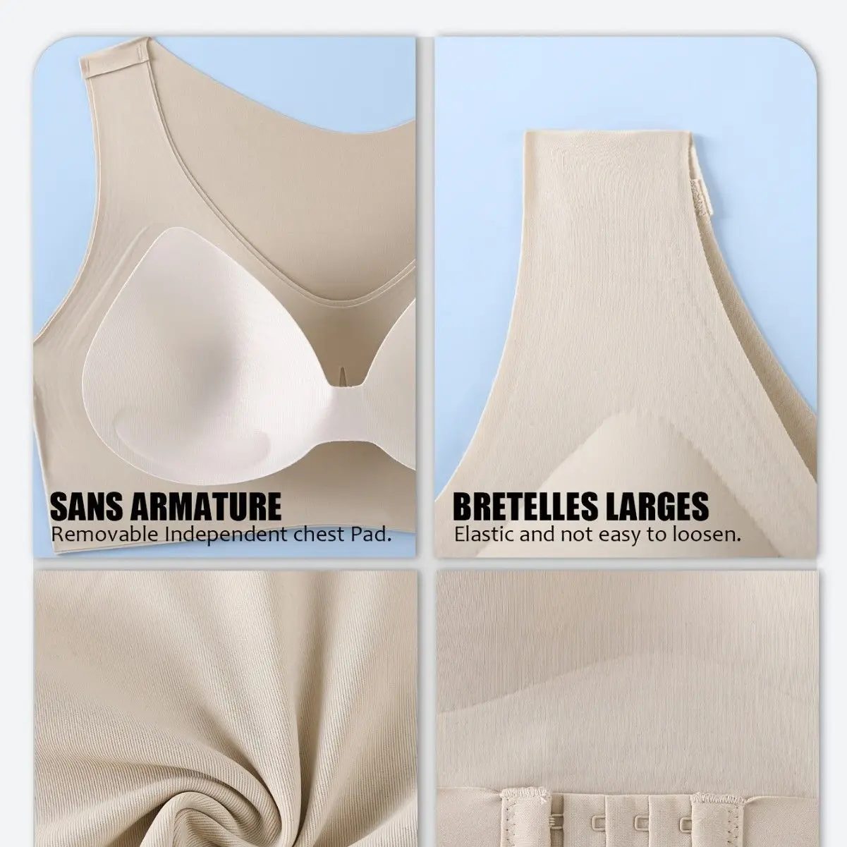 KUCLUT  Large Size Sports Wireless Underwear Fitness Vest Style Thin Cup No Shoulder Strap Back Four Row Buckle