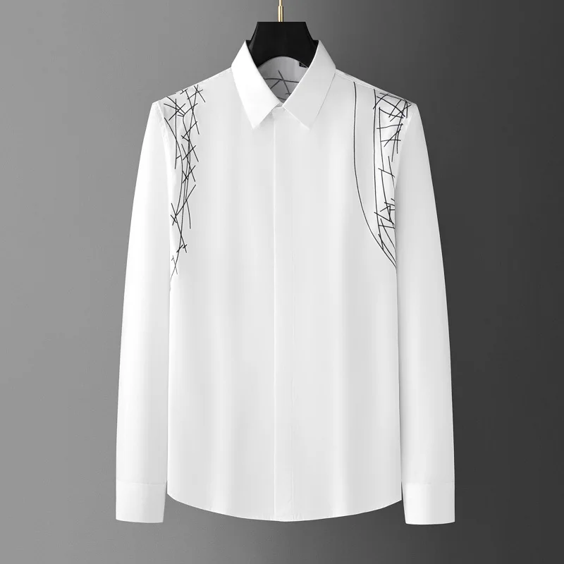 Trendy Autumn Embroidered Men's Long Sleeved Shirt Fashion Casual Business Dress Shirts Versatile Men Social Party Tuxedo Blouse