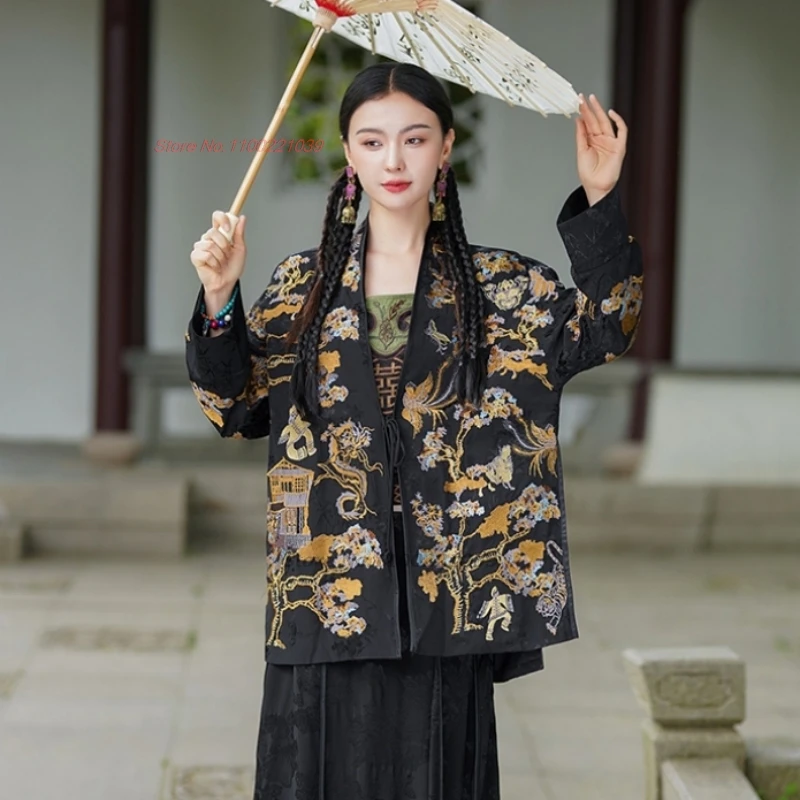 2025 chinese vintage coat national flower embroidery v-neck jacket improved satin jacquard v-neck cardigan oriental hanfu tops