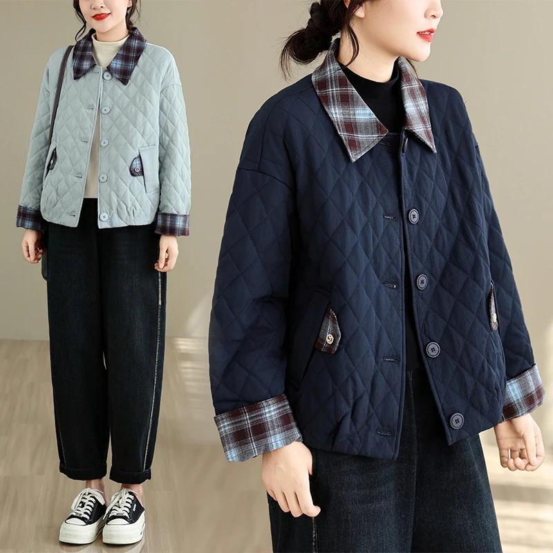 Warm Cotton Jacket Korean Loose Style Slimming Casual Large Size Diamond Pattern Short Outerwear for Women Winter Season