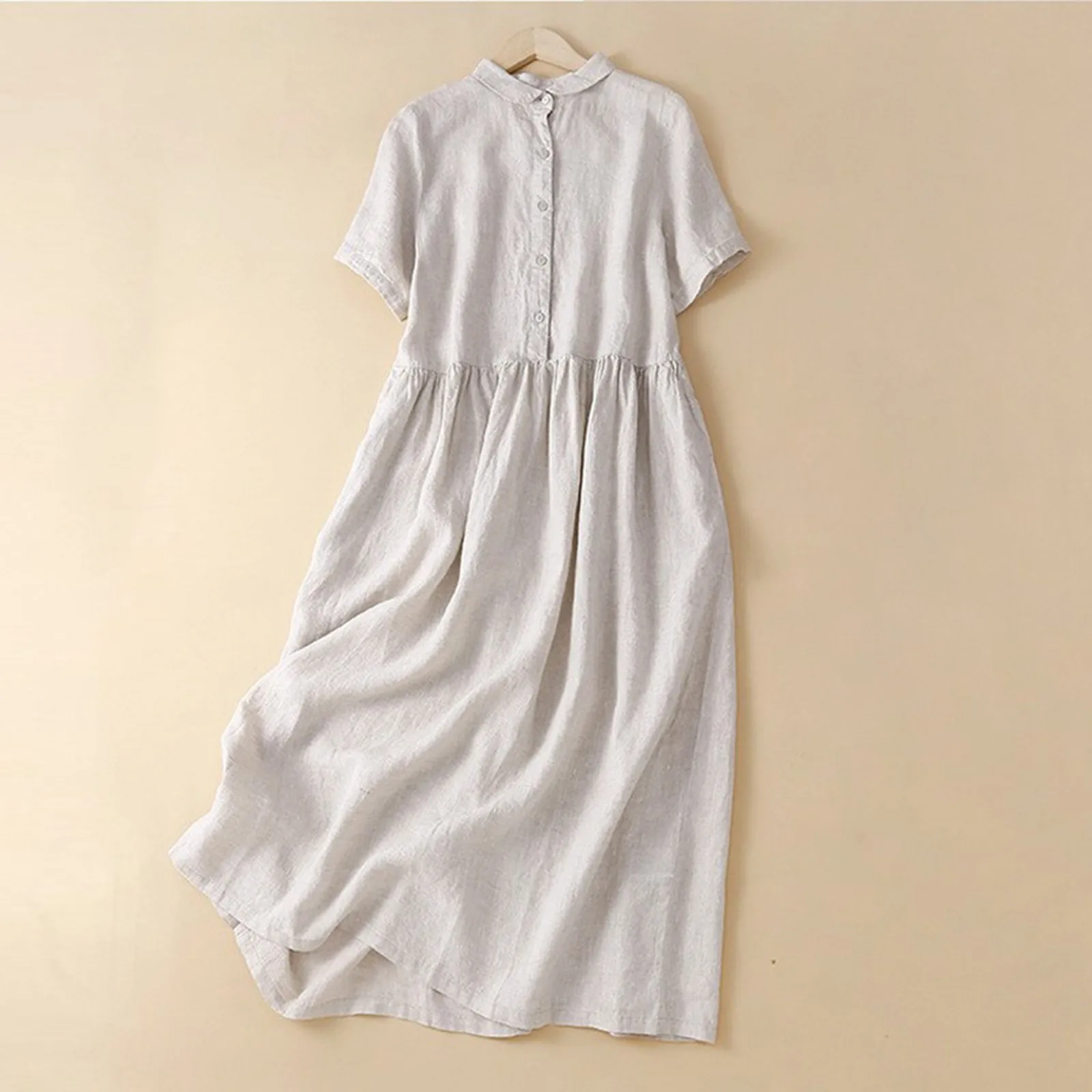 

Loose Midi Dress Women Vintage Solid Color Cotton Dresses Summer Peter Pan Collar Office Lady Shirt Dress Female Casual Sundress