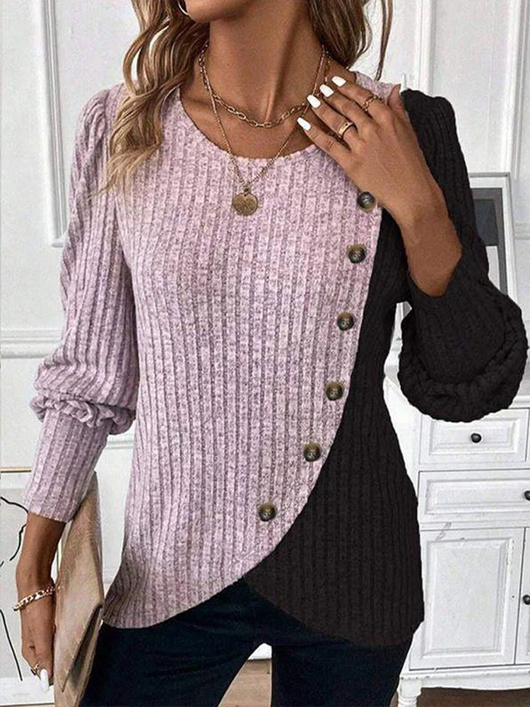 

Autumn Long Sleeve Buttons Pit Striped Women Sweaters Contrast Color Long Sleeve O-Neck Pullovers Loose Simple Knitted Clothing