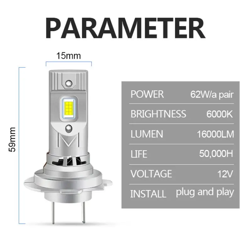

2X H7 LED Headlight Bulbs 6000K White 62W 12V Super Bright for Car High Beam Low Beam with 360 Degree Beam Angle