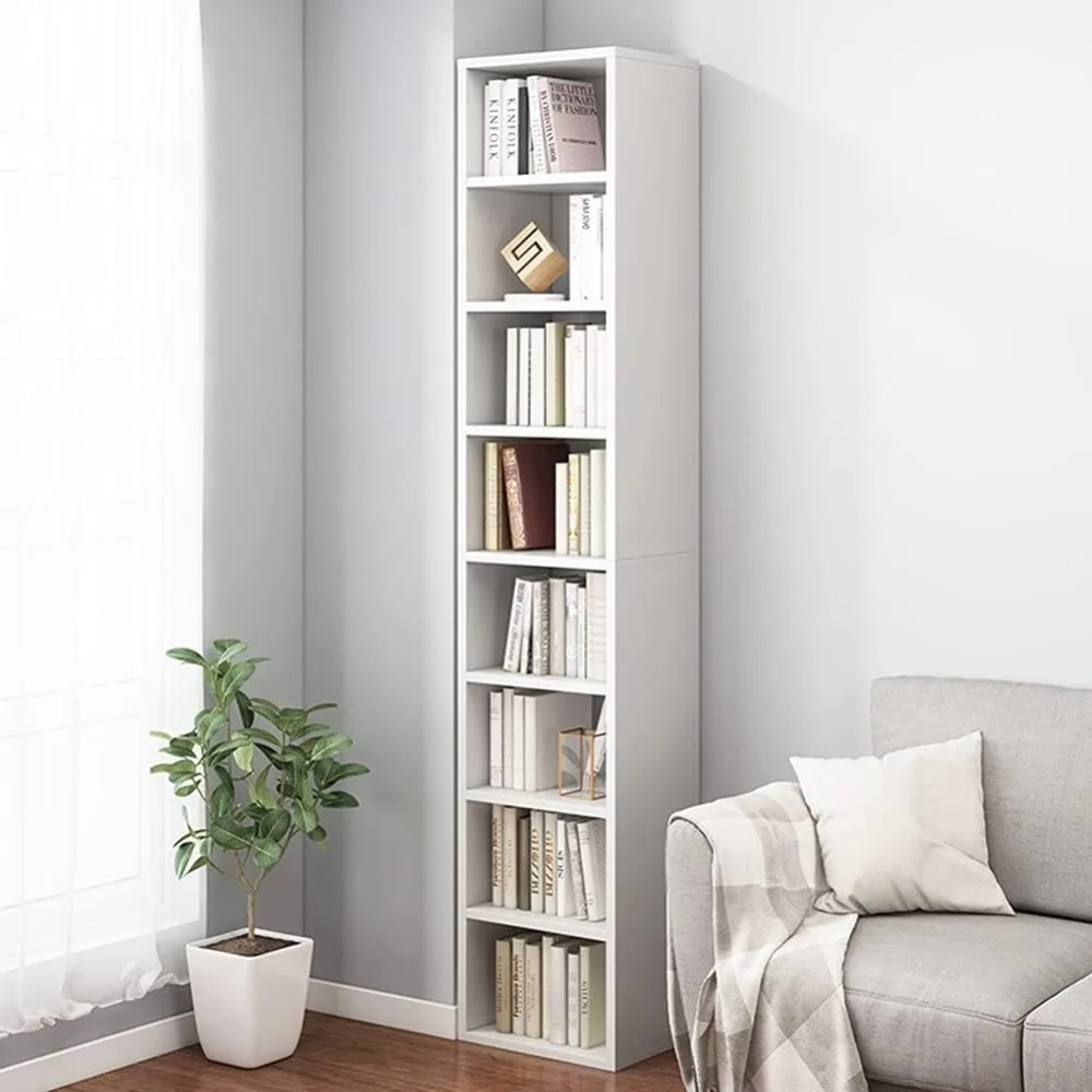 

Small Narrow Corner Bookcase - 71 Inches Tall Gap Freestanding Storage Cabinet, 8 Lattices Open Shelves Tower Rack, Cubes Books
